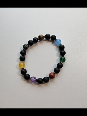 Matte Black Beaded Chakra Bracelet with Multicolor Gem Accents